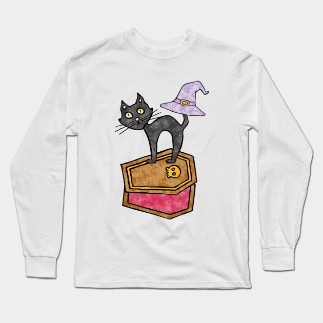 Fun Halloween Black Cat with Halloween Casket Long Sleeve T-Shirt by DimDom